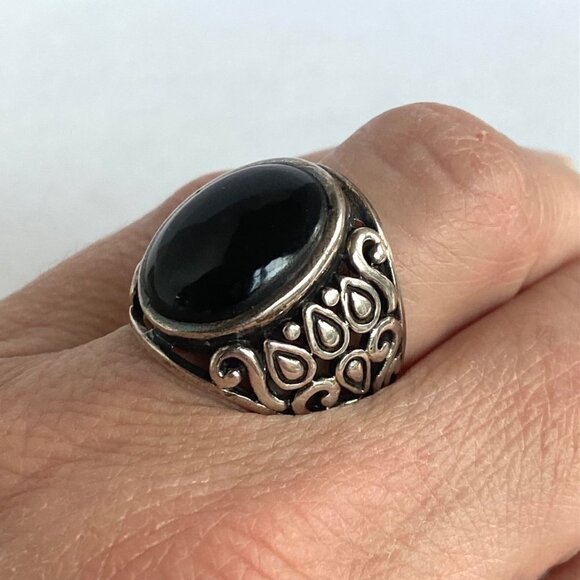 Sterling Silver 925 Chunky Oval Black Onyx Cab Pierced Scrollwork Ring Sz 6.5 - Picture 3 of 16